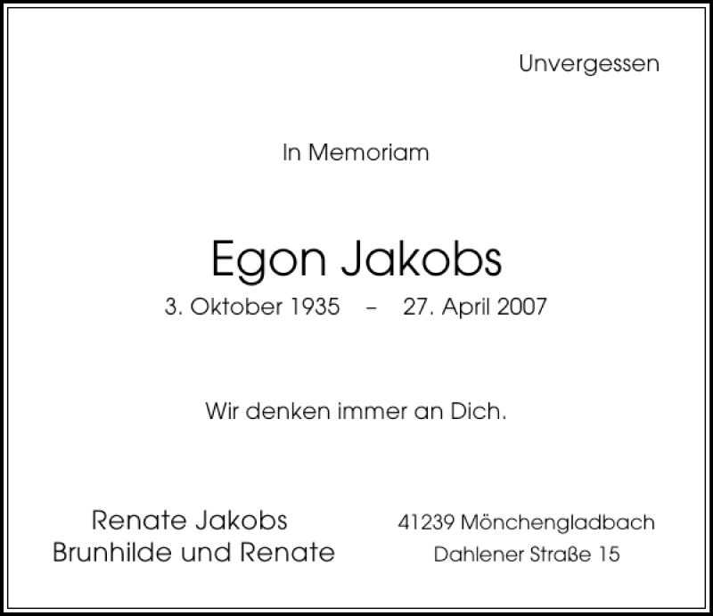 Alle Traueranzeigen für Egon Jakobs trauer rp online de