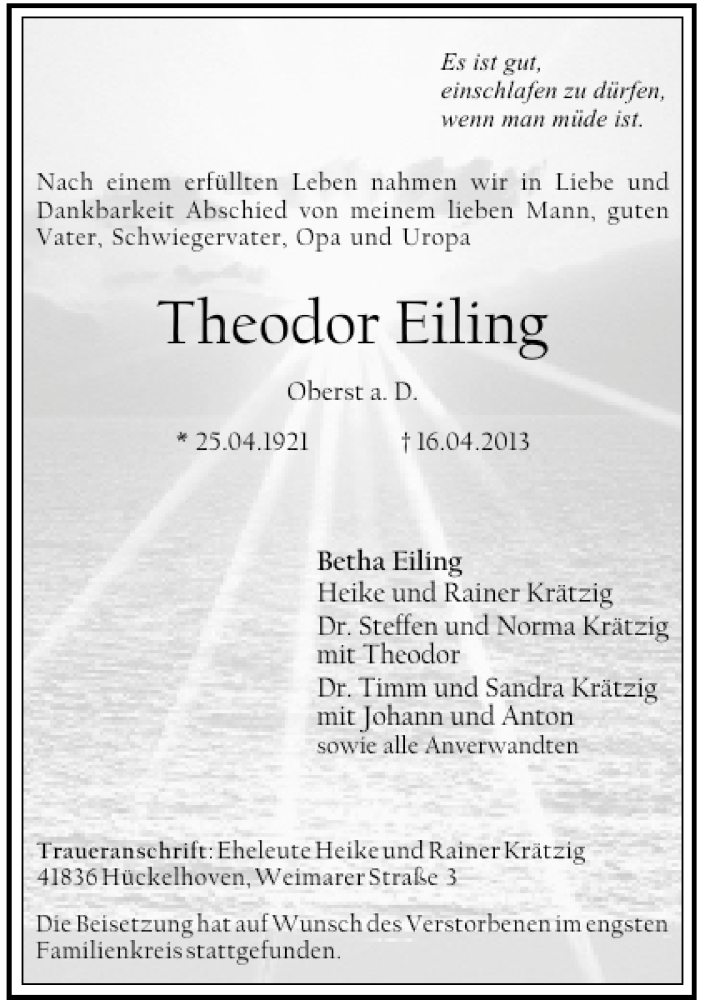 Alle Traueranzeigen F R Theodor Eiling Trauer Rp Online De