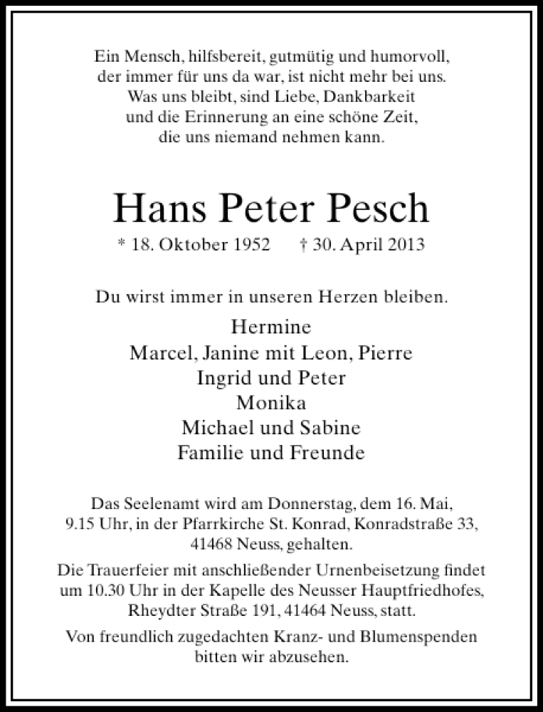 Alle Traueranzeigen für Hans Peter Pesch trauer rp online de