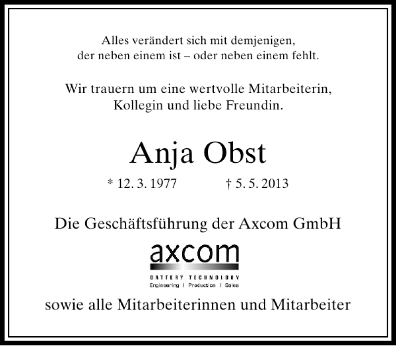  Traueranzeige für Obst Anja vom 11.05.2013 aus Rheinische Post
