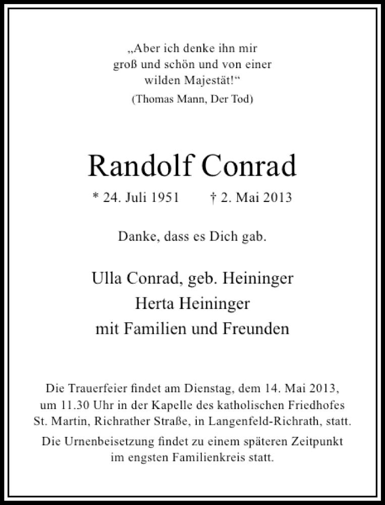 Alle Traueranzeigen für Randolf Conrad trauer rp online de