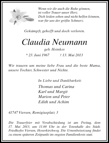 Alle Traueranzeigen F R Claudia Neumann Trauer Rp Online De