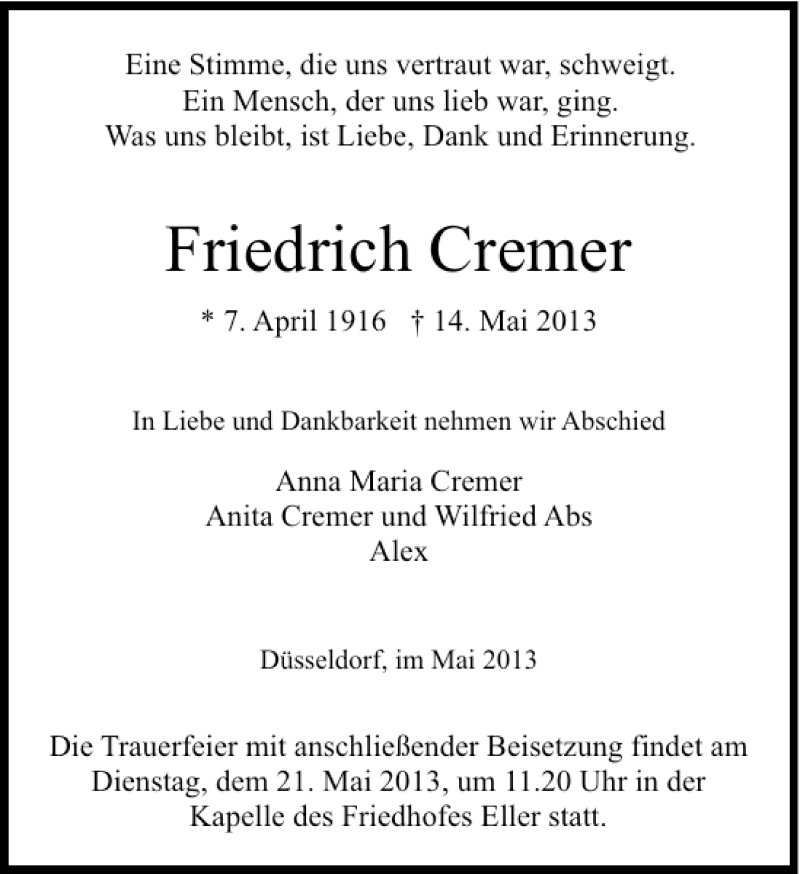 Alle Traueranzeigen F R Friedrich Cremer Trauer Rp Online De