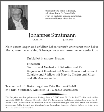 Alle Traueranzeigen für Johannes Stratmann trauer rp online de