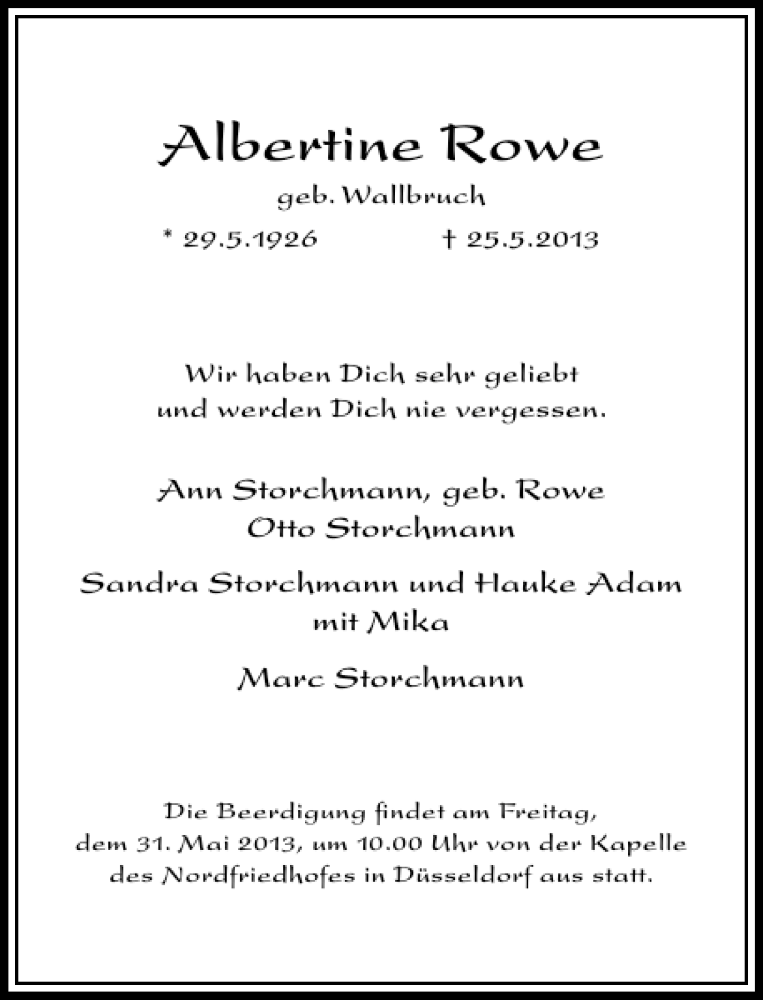 Alle Traueranzeigen für Albertine Rowe trauer rp online de