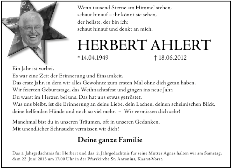  Traueranzeige für Herbert Ahlert vom 15.06.2013 aus Rheinische Post