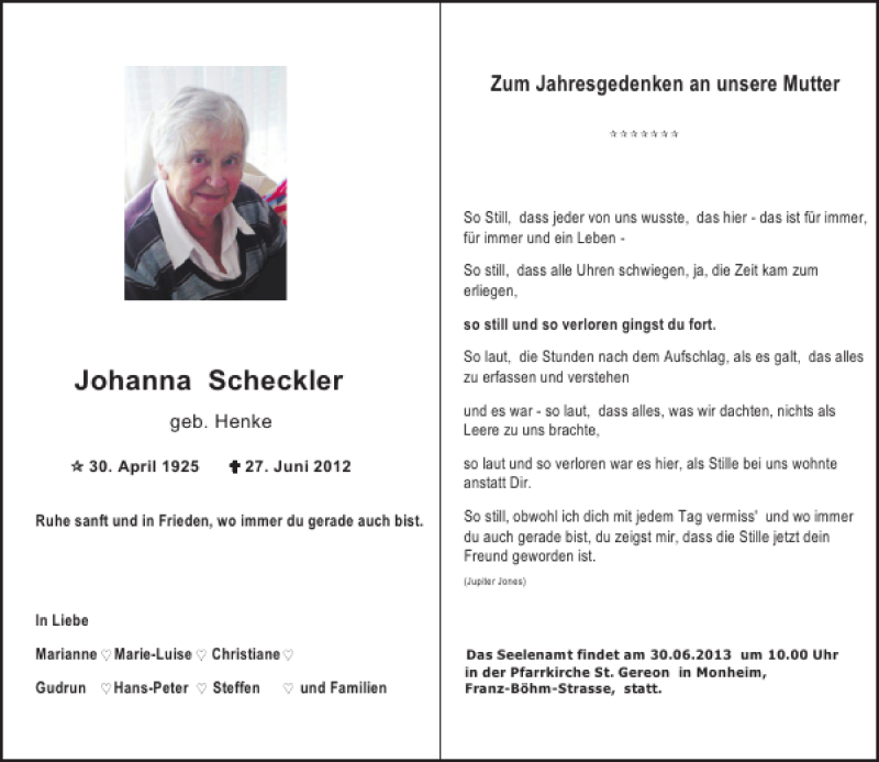  Traueranzeige für Johanna Scheckler vom 29.06.2013 aus Rheinische Post