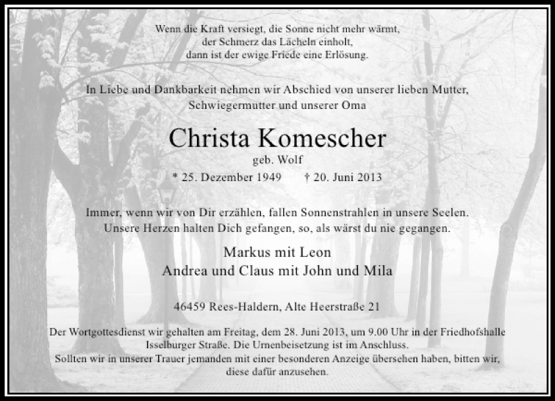 Alle Traueranzeigen für Christa Komescher trauer rp online de