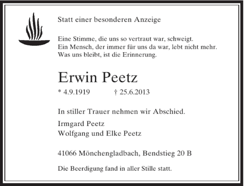 Alle Traueranzeigen für Erwin Peetz trauer rp online de