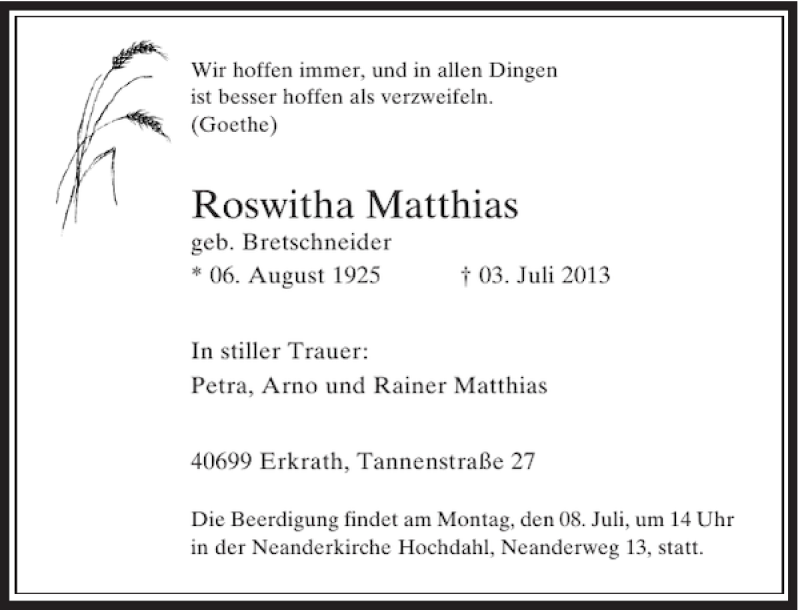 Alle Traueranzeigen F R Roswitha Matthias Trauer Rp Online De