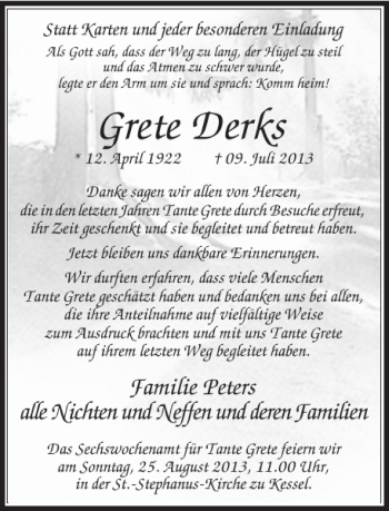 Alle Traueranzeigen für Grete Derks trauer rp online de