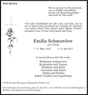 Alle Traueranzeigen für Emilie Schurawlow trauer rp online de