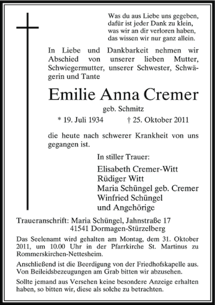 Alle Traueranzeigen F R Emilie Anna Cremer Trauer Rp Online De