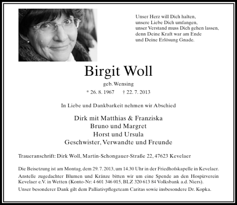  Traueranzeige für Birgit Woll vom 24.07.2013 aus Rheinische Post