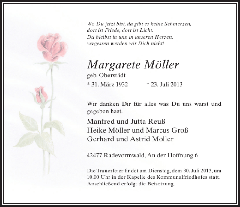 Alle Traueranzeigen für Margarete Möller trauer rp online de