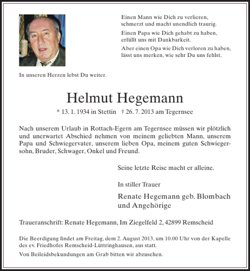 Alle Traueranzeigen F R Helmut Hegemann Trauer Rp Online De