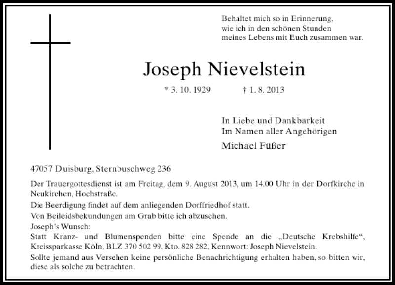 Alle Traueranzeigen für Joseph Nievelstein trauer rp online de