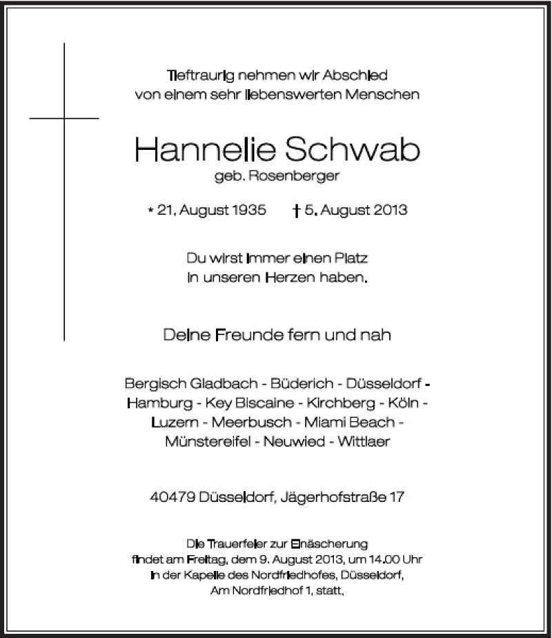  Traueranzeige für Hannelie Schwab vom 07.08.2013 aus Rheinische Post