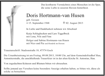 Alle Traueranzeigen F R Doris Hortmann Van Husen Trauer Rp Online De