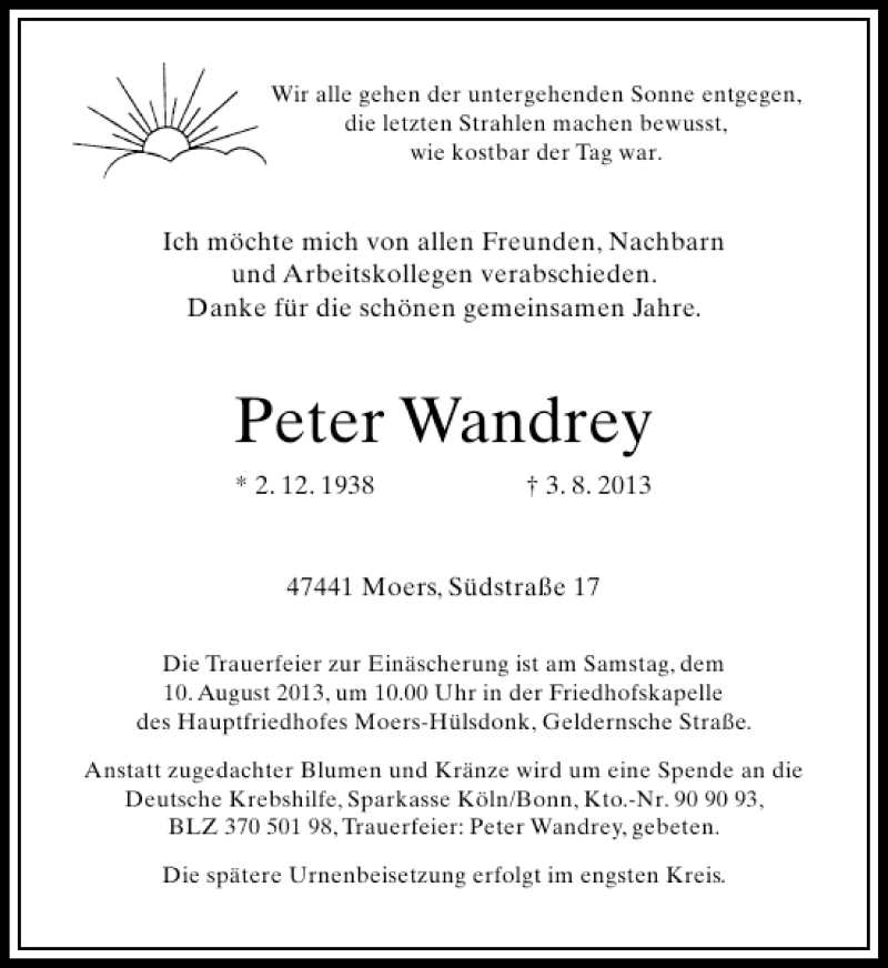 Alle Traueranzeigen F R Peter Wandrey Trauer Rp Online De