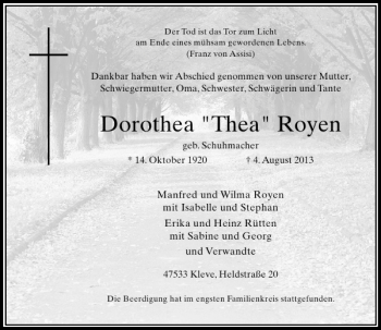 Alle Traueranzeigen für Dorothea Thea Royen trauer rp online de