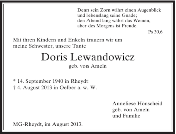 Alle Traueranzeigen für Doris Lewandowicz trauer rp online de