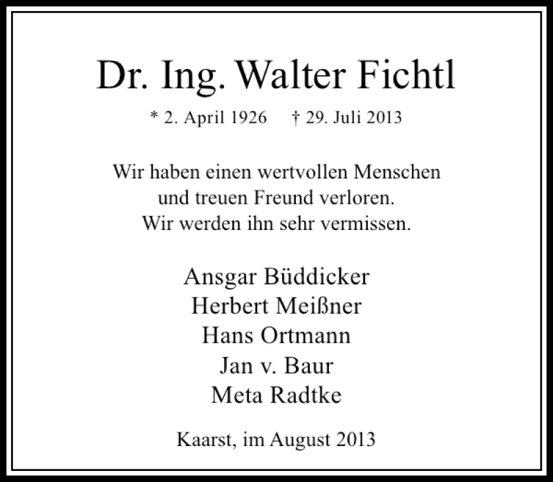 Alle Traueranzeigen für Dr Ing Walter Fichtl trauer rp online de