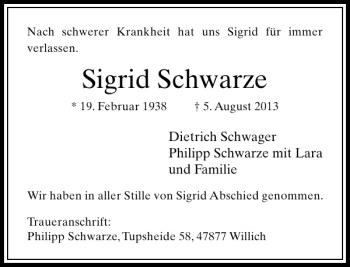 Alle Traueranzeigen für Sigrid Schwarze trauer rp online de