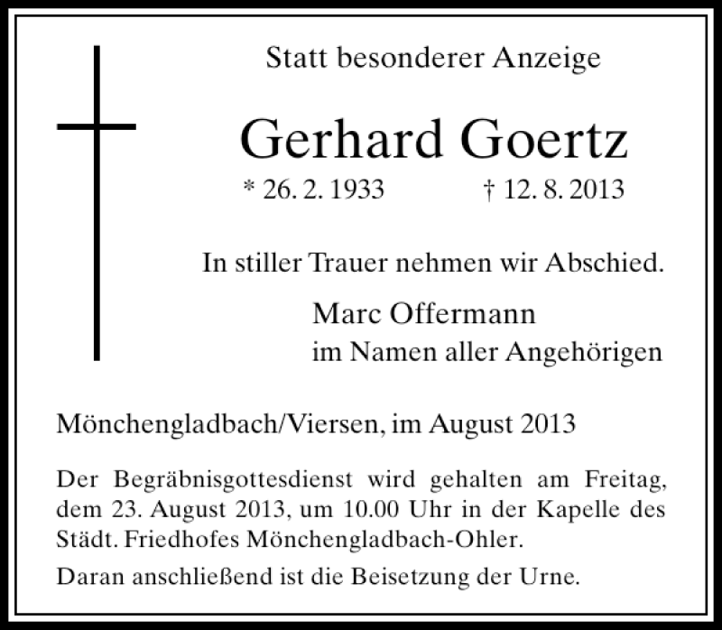 Alle Traueranzeigen F R Gerhard Goertz Trauer Rp Online De