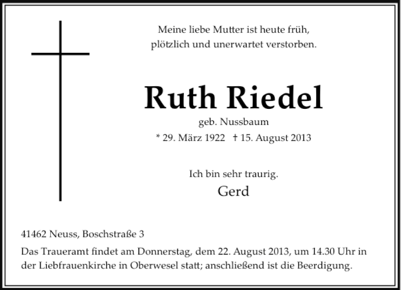 Alle Traueranzeigen F R Ruth Riedel Trauer Rp Online De