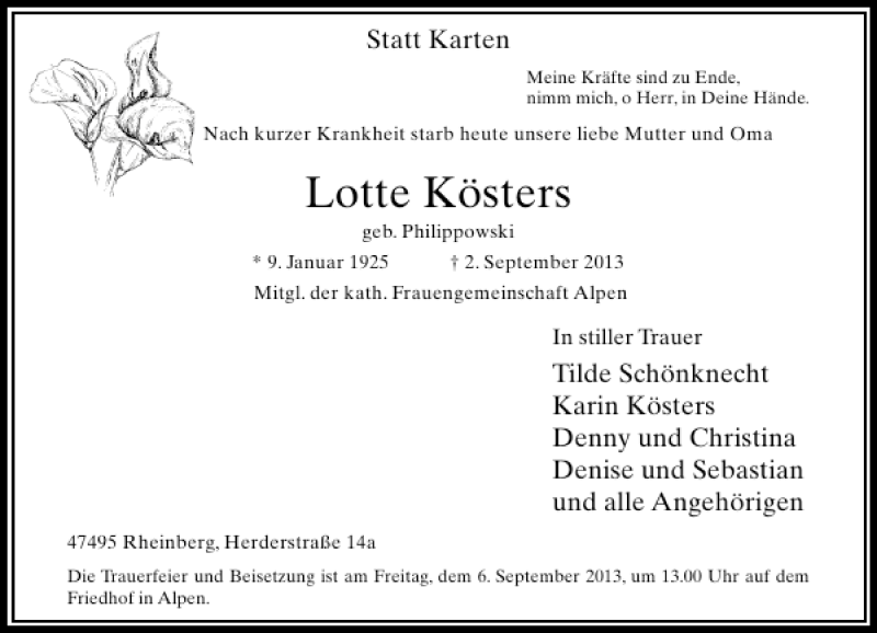 Alle Traueranzeigen für Lotte Kösters trauer rp online de