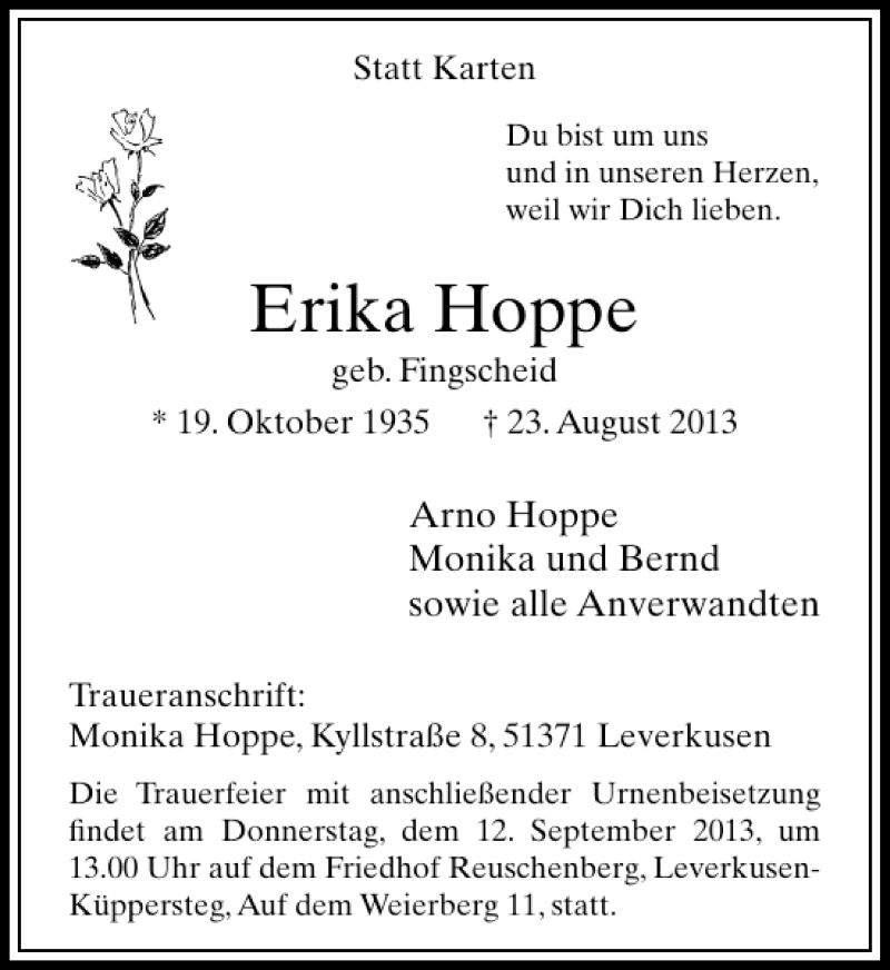 Alle Traueranzeigen für Erika Hoppe trauer rp online de