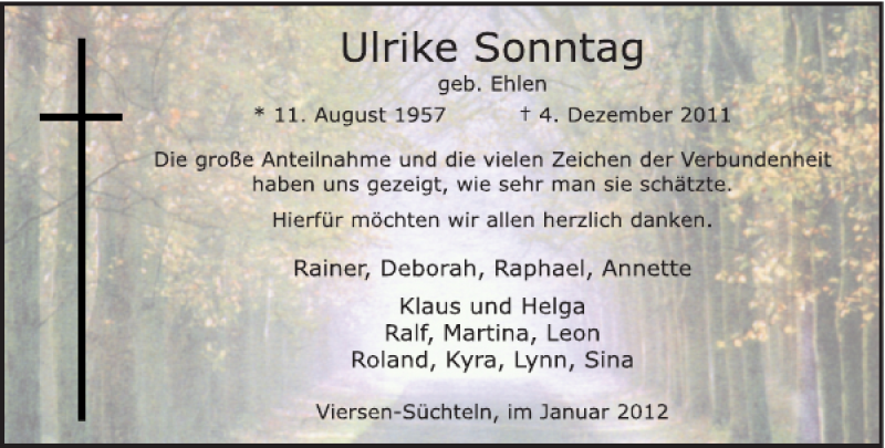  Traueranzeige für Ulrike Sonntag vom 21.01.2012 aus Rheinische Post