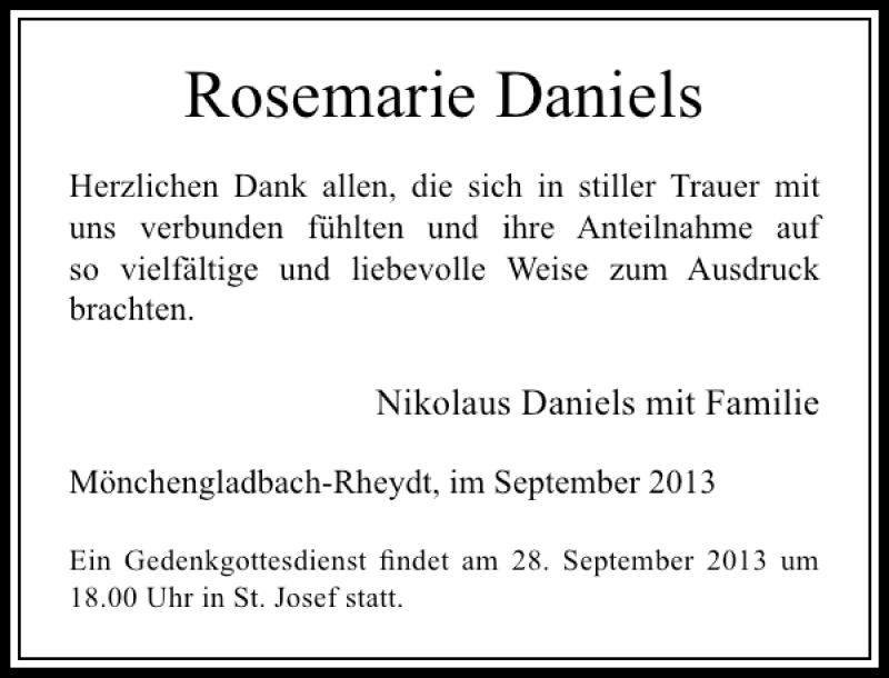 Alle Traueranzeigen für Rosemarie Daniels trauer rp online de