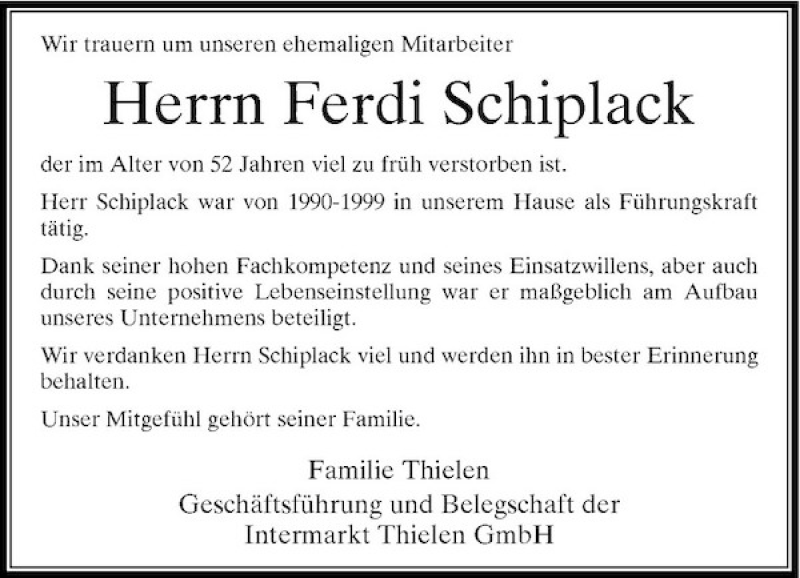 Alle Traueranzeigen für Herrn Ferdi Schiplack trauer rp online de