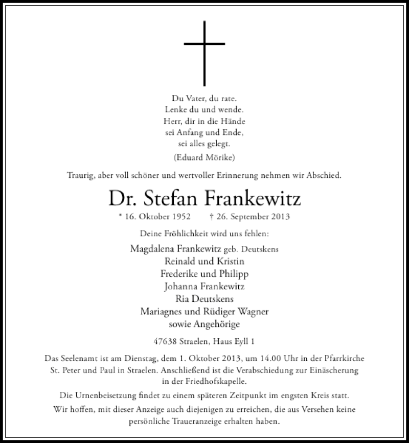  Traueranzeige für Dr. Stefan Frankewitz vom 28.09.2013 aus Rheinische Post