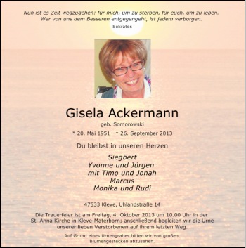 Alle Traueranzeigen F R Gisela Ackermann Trauer Rp Online De