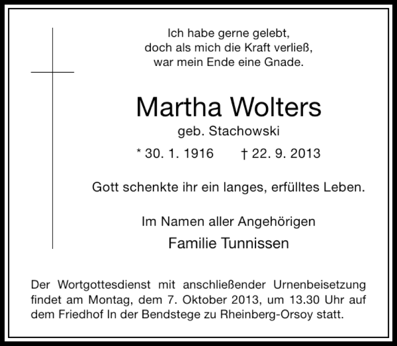 Alle Traueranzeigen F R Martha Wolters Trauer Rp Online De