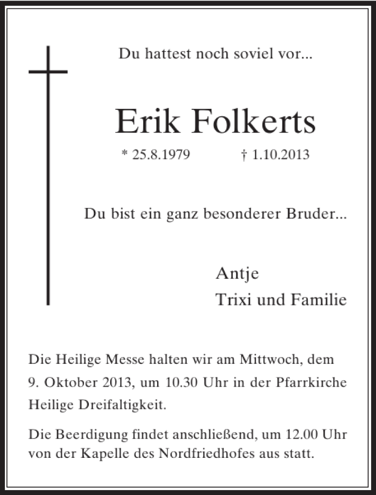  Traueranzeige für Erik Folkerts vom 08.10.2013 aus Rheinische Post