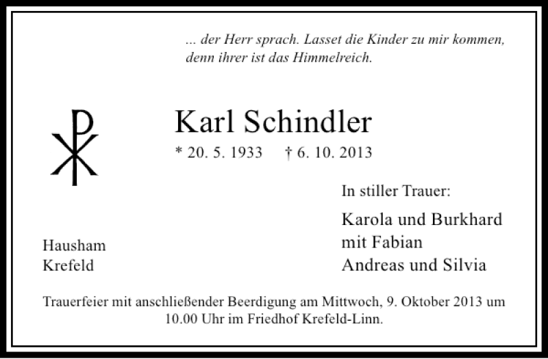 Alle Traueranzeigen für Karl Schindler trauer rp online de