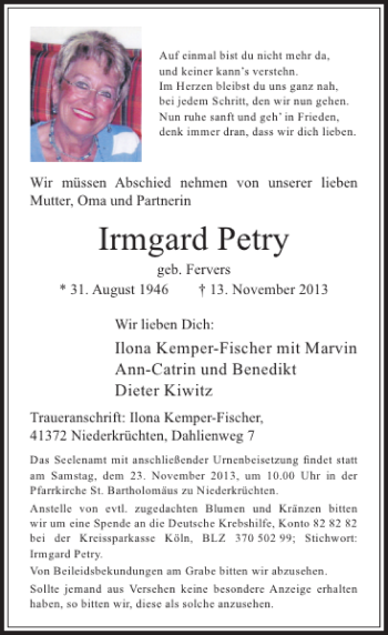 Alle Traueranzeigen F R Irmgard Petry Trauer Rp Online De