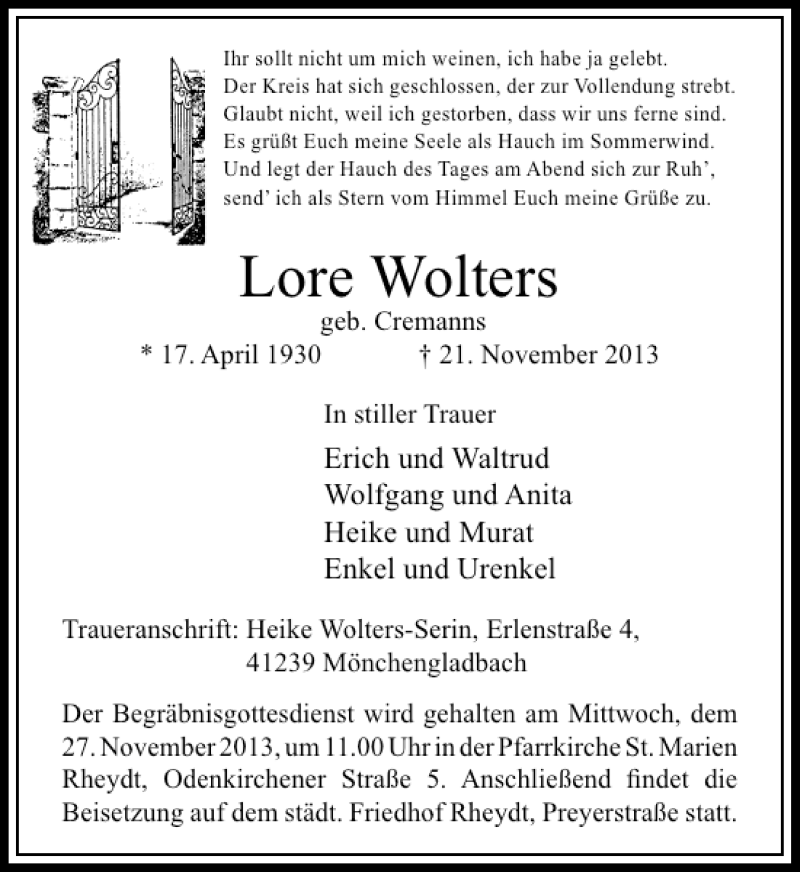 Alle Traueranzeigen F R Lore Wolters Trauer Rp Online De