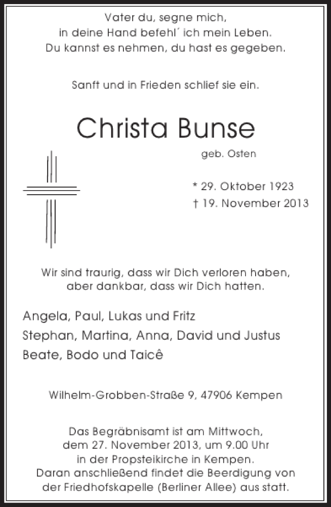 Alle Traueranzeigen für Christa Bunse trauer rp online de