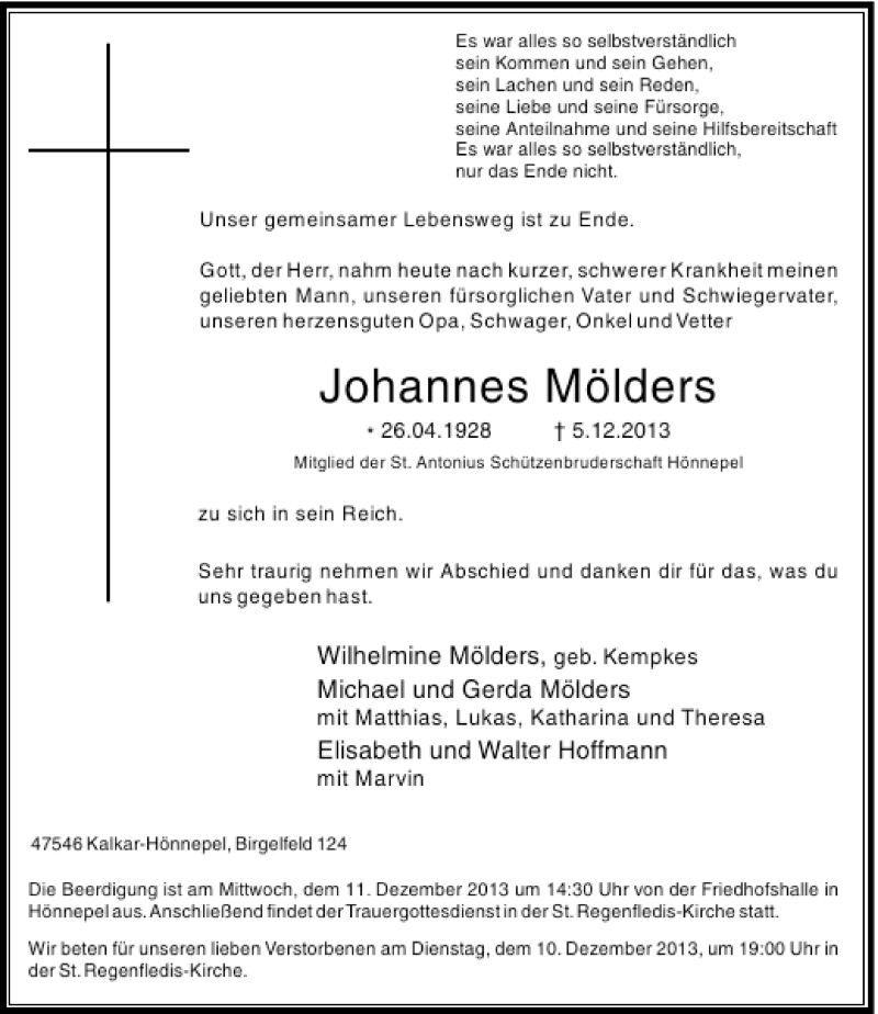  Traueranzeige für Johannes Mölders vom 07.12.2013 aus Rheinische Post