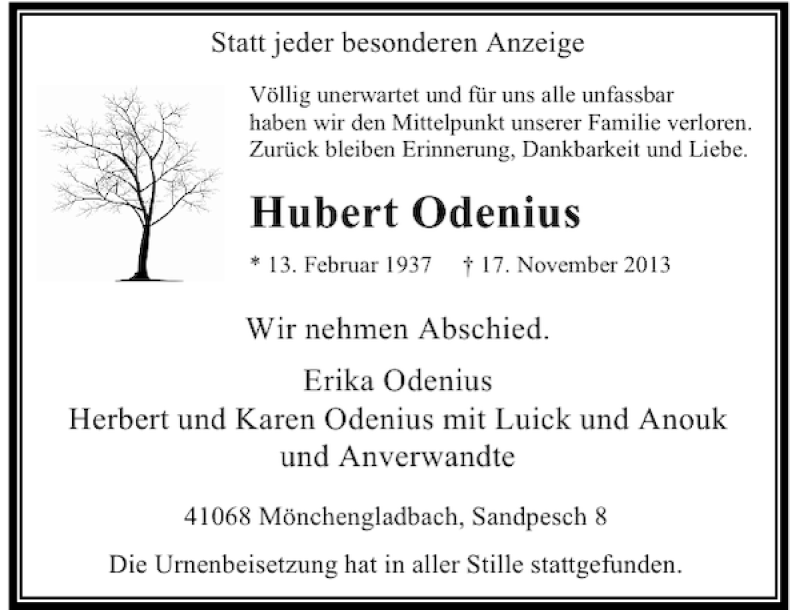 Alle Traueranzeigen für Hubert Odenius trauer rp online de