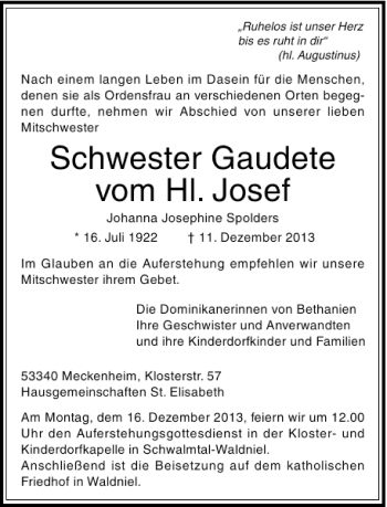 Alle Traueranzeigen F R Schwester Schwester Gaudete Vom Hl Josef