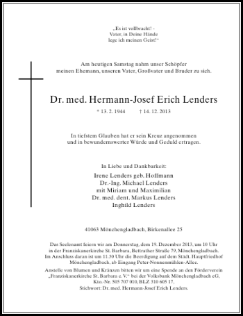 Alle Traueranzeigen F R Dr Med Hermann Josef Erich Lenders Trauer