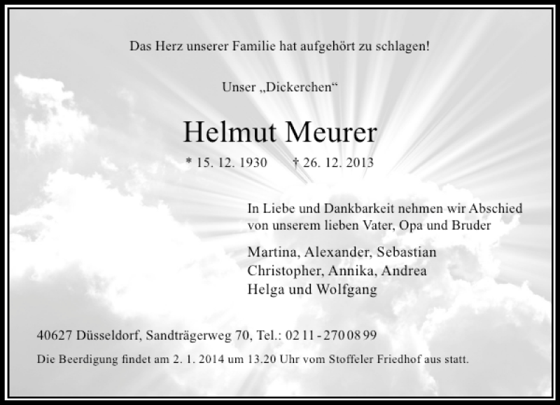  Traueranzeige für Helmut August Meurer vom 28.12.2013 aus Rheinische Post