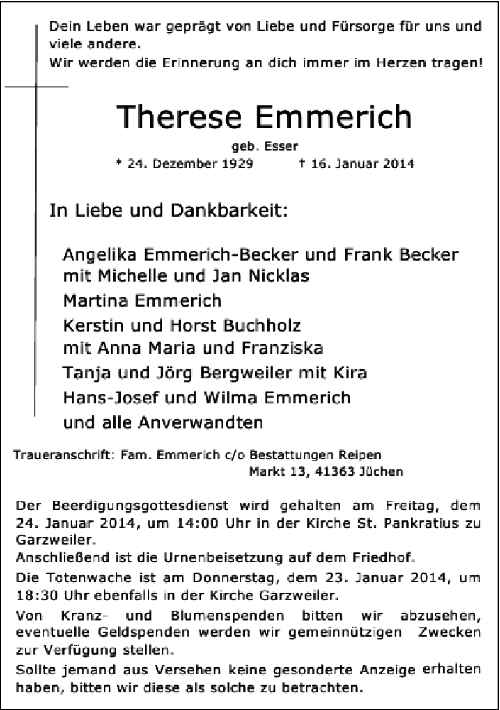 Alle Traueranzeigen für Therese Emmerich trauer rp online de