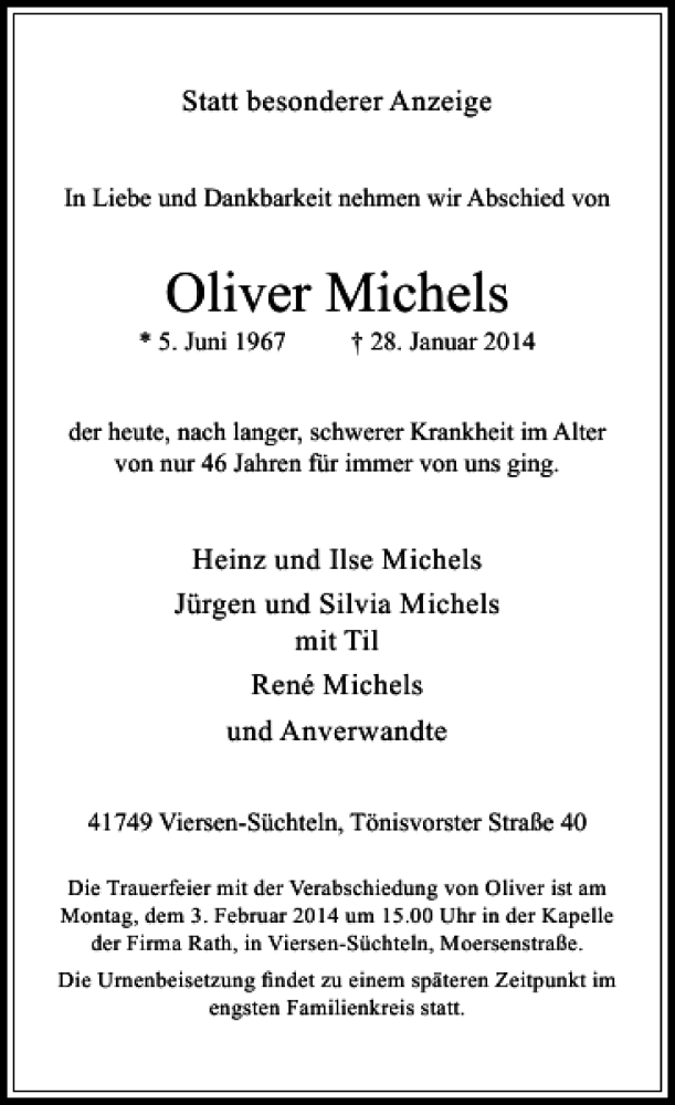 Alle Traueranzeigen für Oliver Michels trauer rp online de